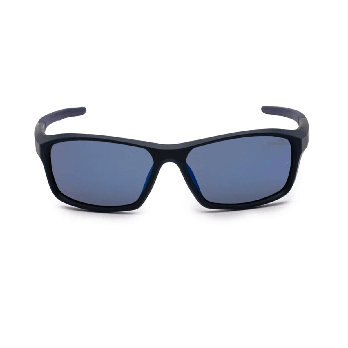 Sonnenbrille mit schwarzem Rahmen und blauen Gläsern, frontal fotografiert.