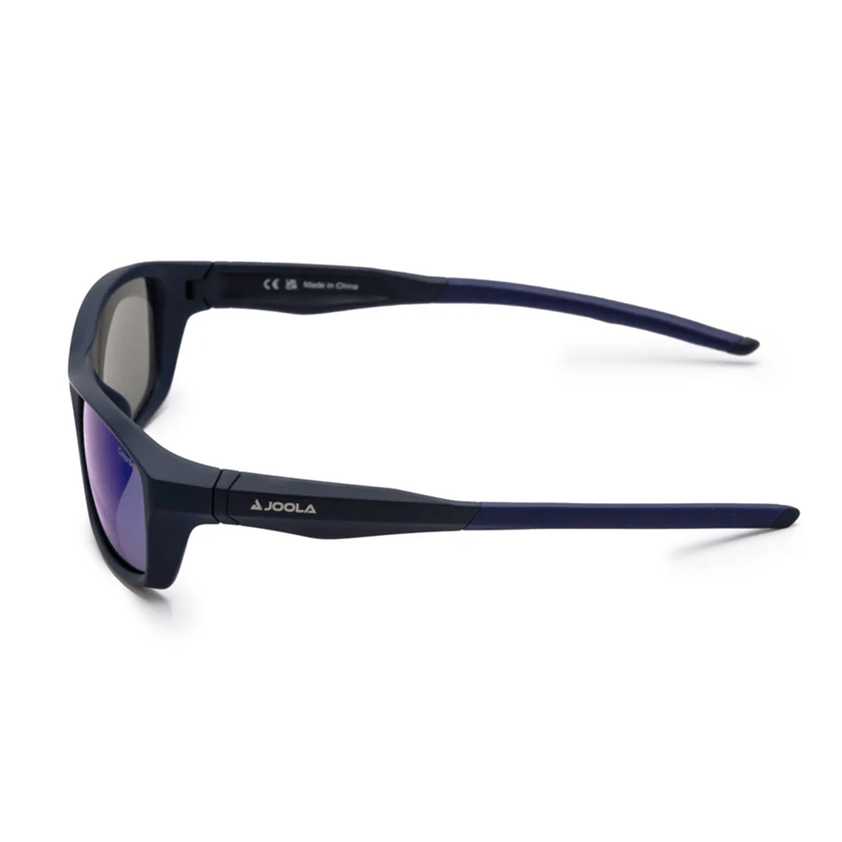 Sportliche, dunkelblaue JOOLA Sonnenbrille mit verspiegelten Gläsern, seitliche Ansicht.