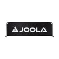 Schwarze Werbebande mit weißem JOOLA-Logo, auf Metallrahmen gespannt.