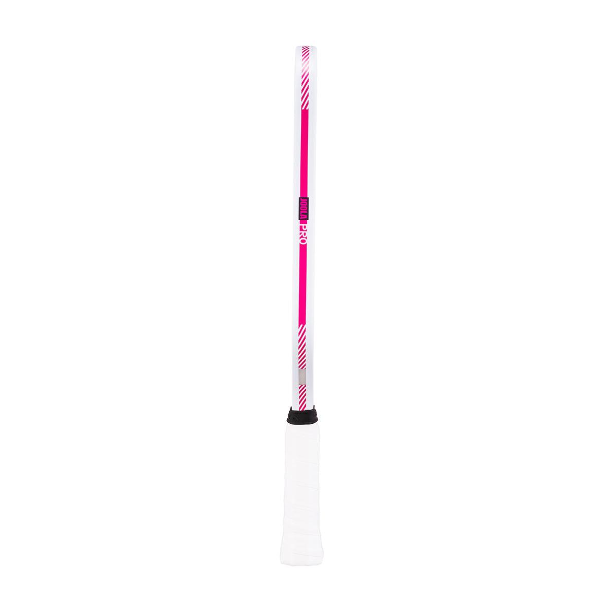Schlägergriff eines weißen und pinken Badmintonschlägers mit weißem Griffband.