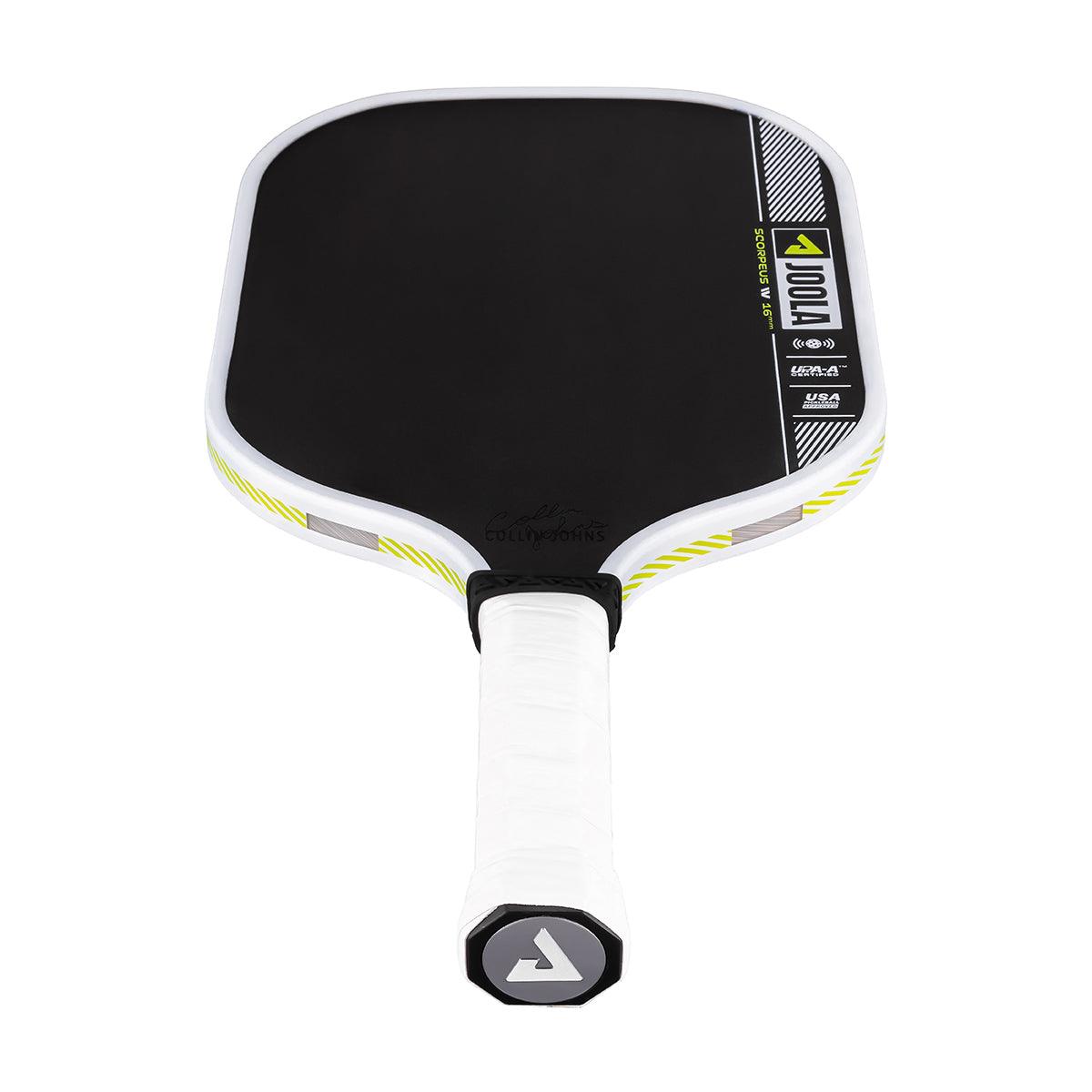 Schwarzer Pickleball-Schläger mit weißem Griff und gelb-weißen Akzenten von JOOLA.