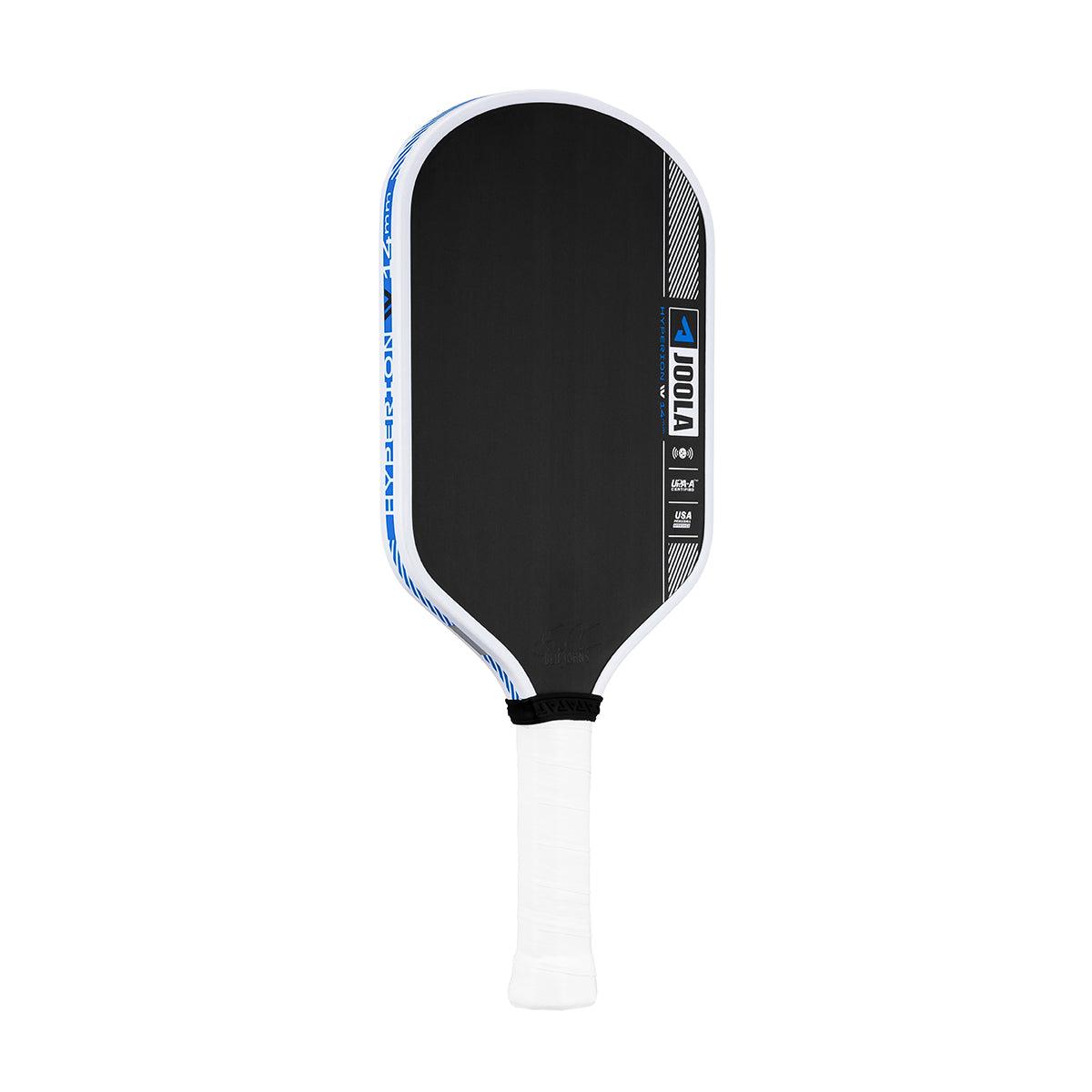 Pickleball-Schläger JOOLA Hyperion V4 in Schwarz, Weiß und Blau mit weißem Griff.