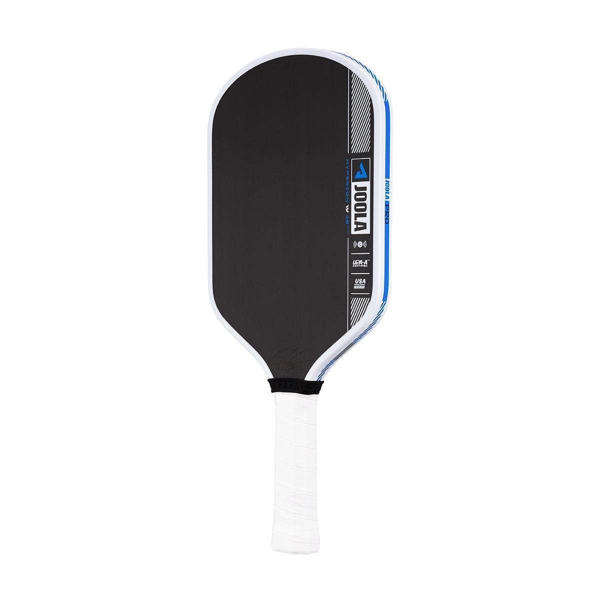 Schwarzer Pickleball-Schläger mit weißem Griff und blauen Akzenten, Marke JOOLA.