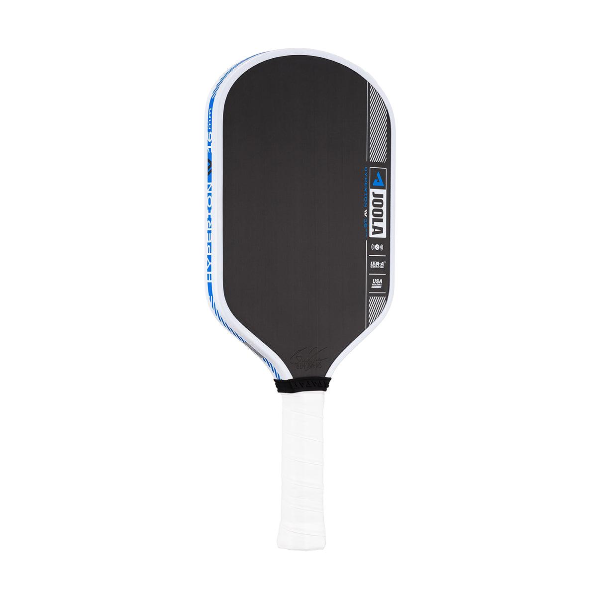 Pickleball-Schläger mit schwarzer Schlagfläche, weißem Griff und blauen Akzenten, Marke JOOLA.