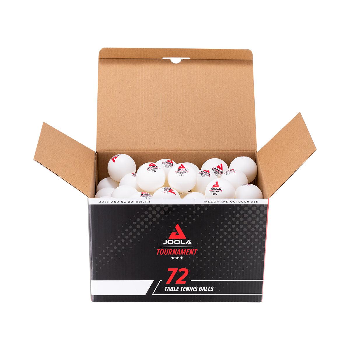 Offene Kartonverpackung mit 72 weißen JOOLA Tischtennisbällen.
