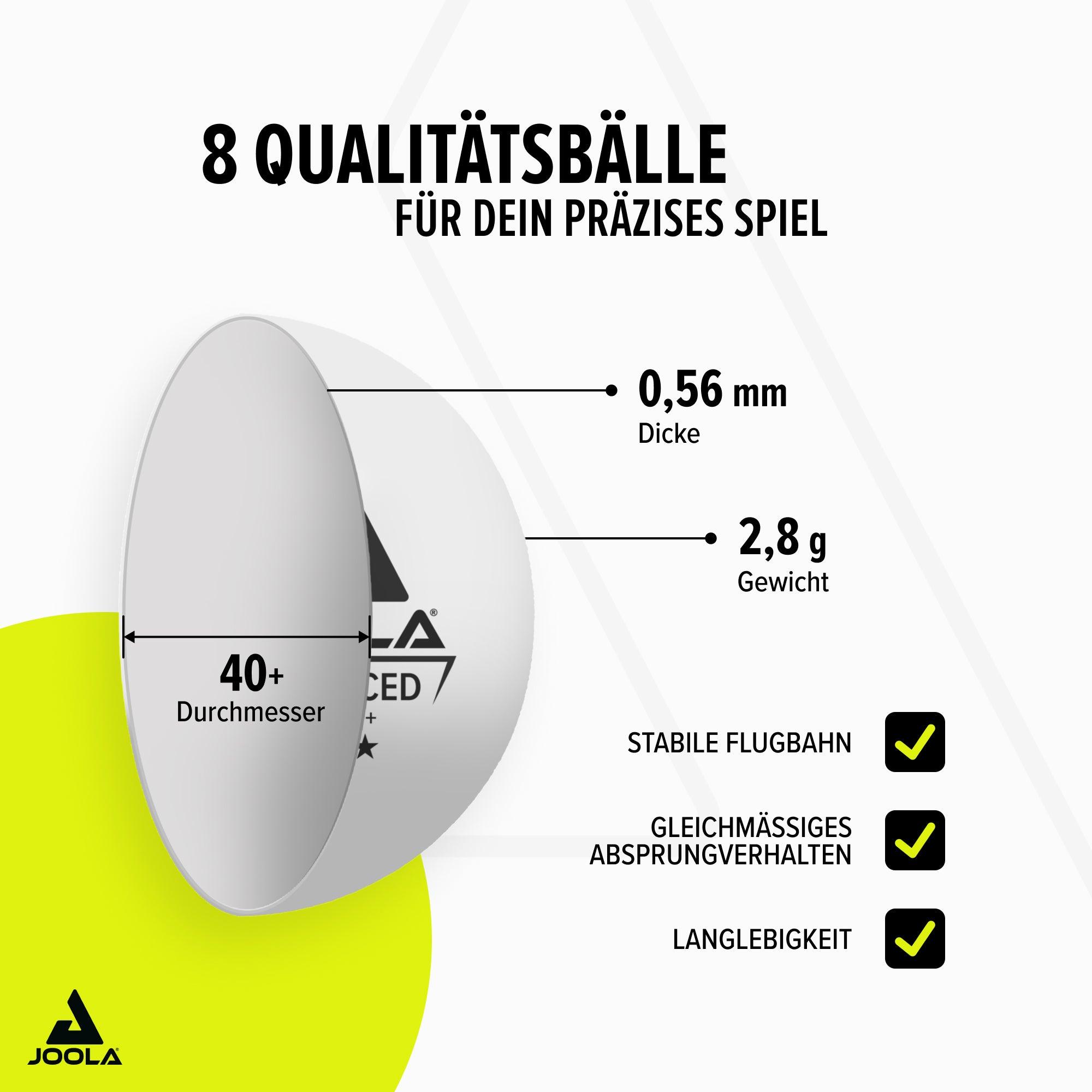 Produktbild mit 8 weißen Tischtennisbällen von JOOLA, Durchmesser 40 mm, Dicke 0,56 mm, Gewicht 2,8 g, mit Merkmalen wie stabile Flugbahn, gleichmäßiges Absprungverhalten und Langleb