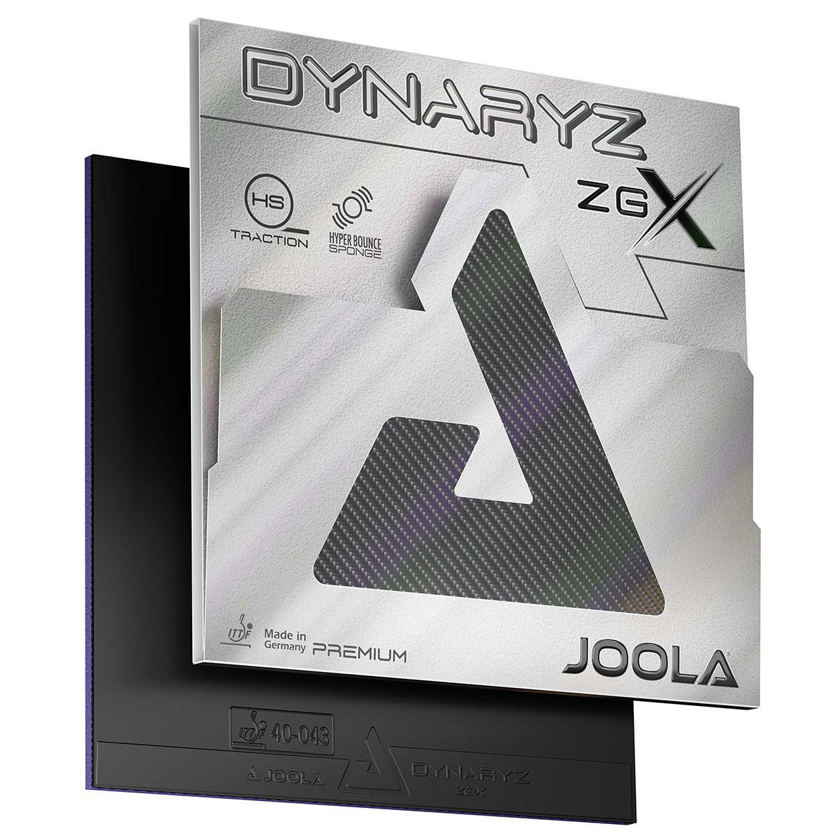 JOOLA Dynaryz ZGX Tischtennisbelag in schwarzer Farbe mit silberner Verpackung.