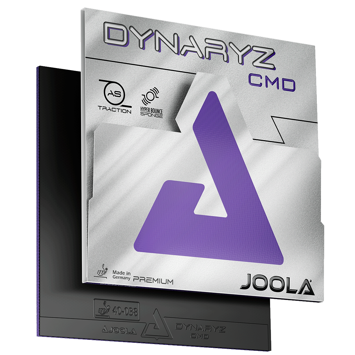 JOOLA Dynaryz CMD Tischtennisbelag in silberner Verpackung mit lila Logo und schwarzen Belag darunter.