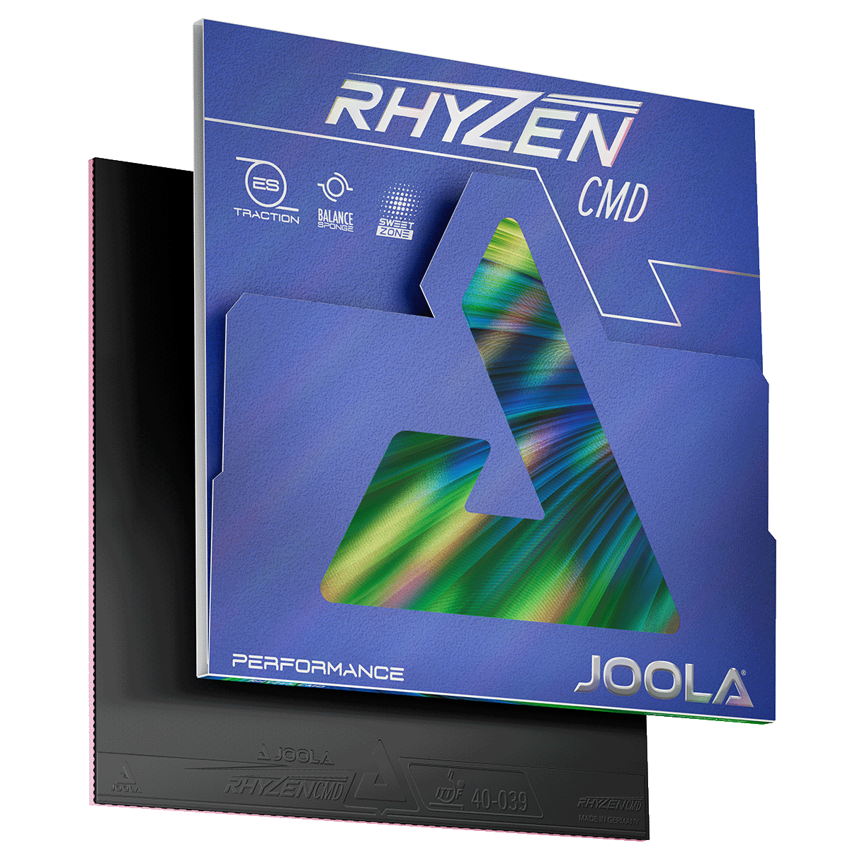 Verpackung und Tischtennisbelag JOOLA Rhyzen CMD in Blau und Schwarz.