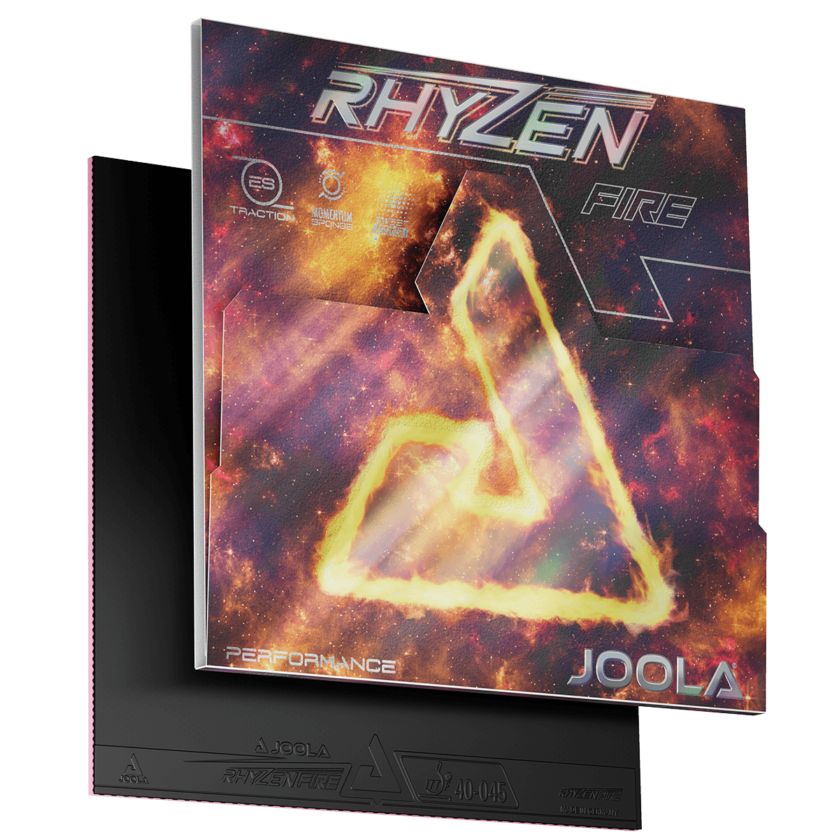 Produktbild eines JOOLA Rhyzen Fire Tischtennisbelags mit Verpackung im Weltraum-Design und schwarz-rotem Belag.