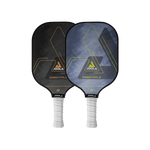 Zwei JOOLA Essentials Pickleball-Schläger in Schwarz und Blau mit weißem Griff und geometrischem Design.