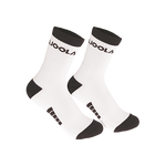 Weiß-schwarze JOOLA Sportsocken mit hohem Schaft, gepolstertem Fußbett und Logo am Bündchen.