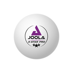 Weißer JOOLA 3-Star Pro Tischtennisball mit Logo und drei schwarzen Sternen.