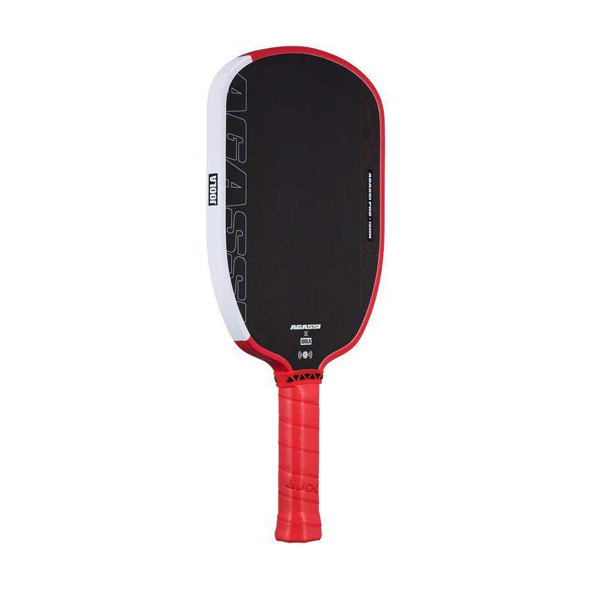 Pickleball-Schläger in Schwarz, Rot und Weiß mit rotem Griff.