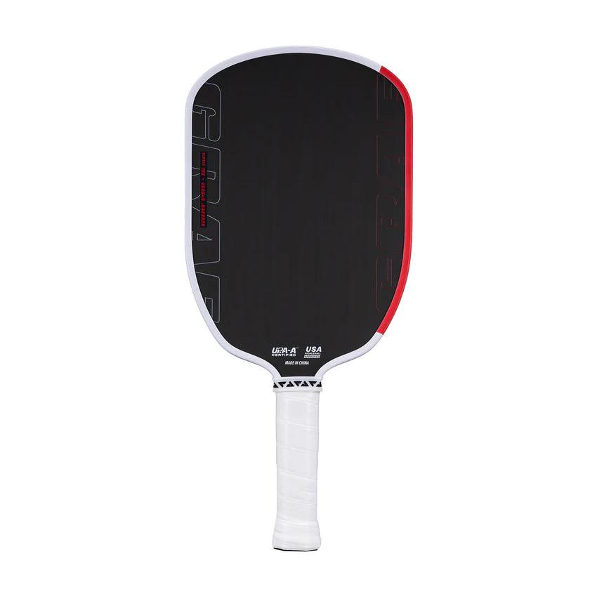 Pickleball-Schläger mit schwarzer Schlagfläche, weißem Griff und rotem Rand.