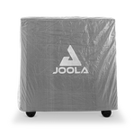 Schutzhülle aus Kunststoff für JOOLA Tischtennistisch, rechteckig, mit Logo, auf Rollen stehend.
